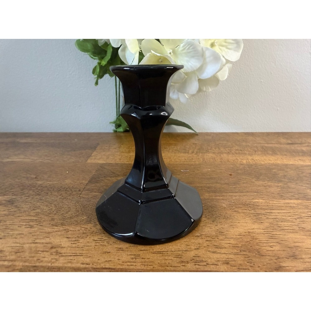 Vintage Black Amethyst Glass Candlestick Art Deco Faceted Taper Candle Holder
